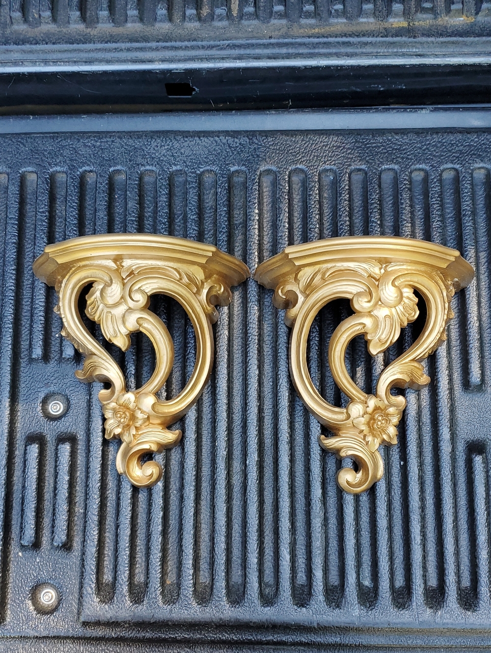 1970's Syroco Gold Scroll Ornate Hollywood Regency Wall Shelf Pair